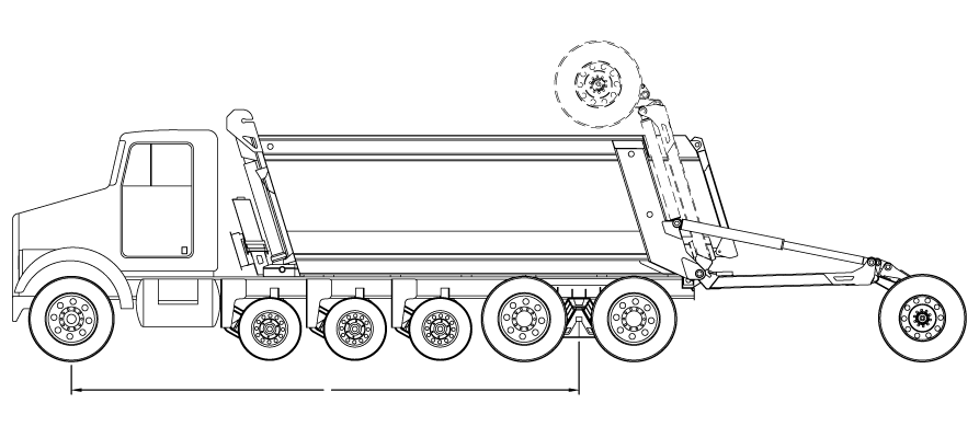 Bridge law example: 7-axle super dump truck with 250 inch wheelbase and 80,000 lbs GVW